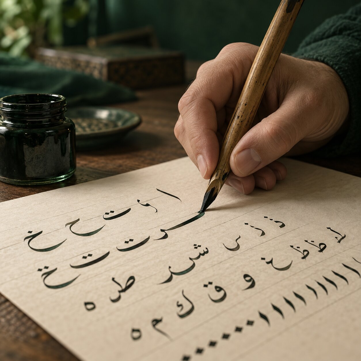 Hand writing Arabic calligraphy with a reed pen