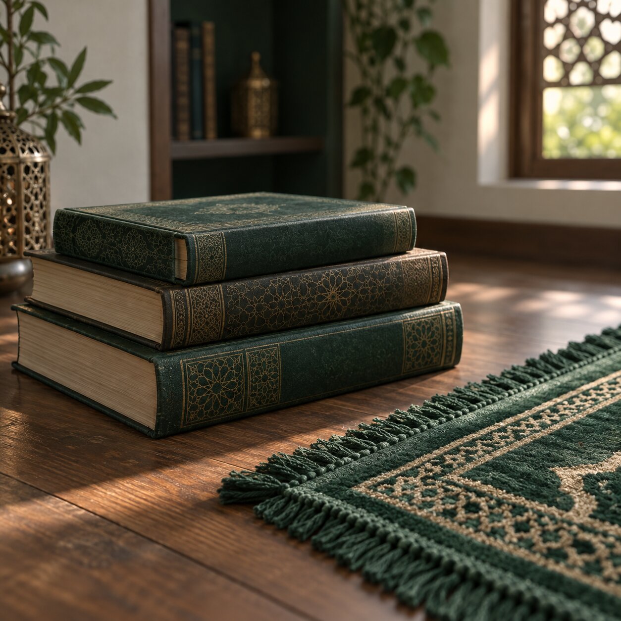 Stack of Islamic studies books beside a prayer mat