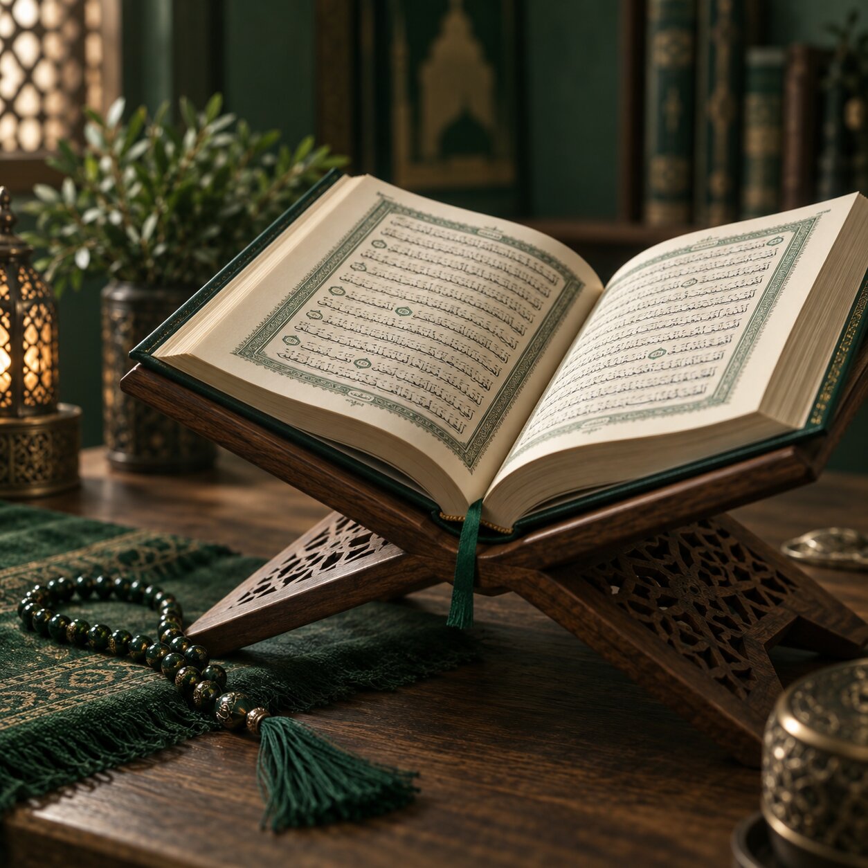Open Quran on a wooden stand with prayer beads